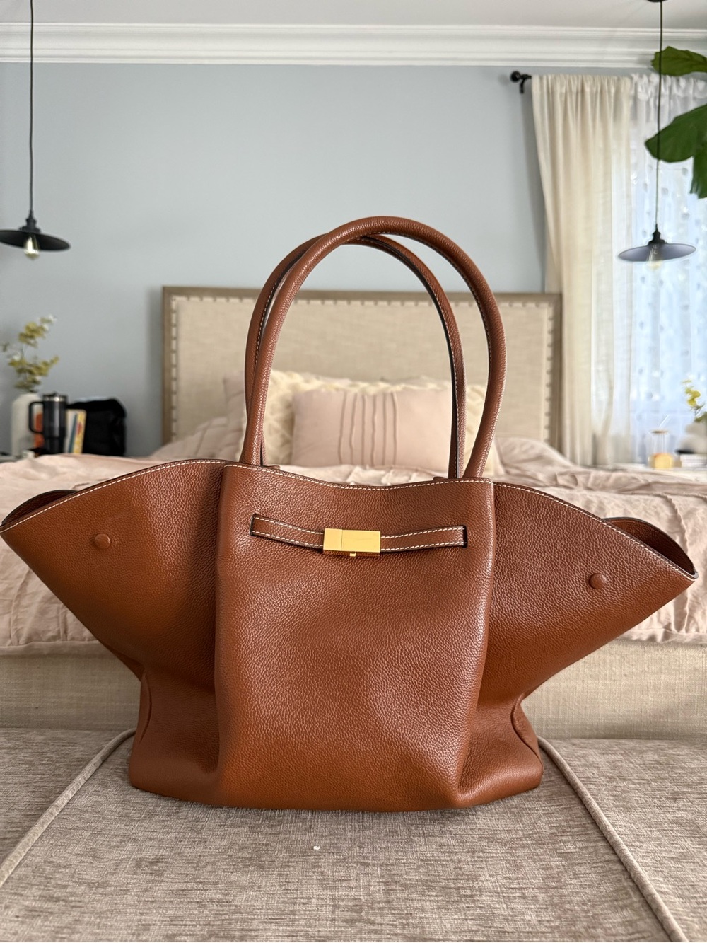 DeMellier Cognac Pebble Leather Tote with Gold Lock